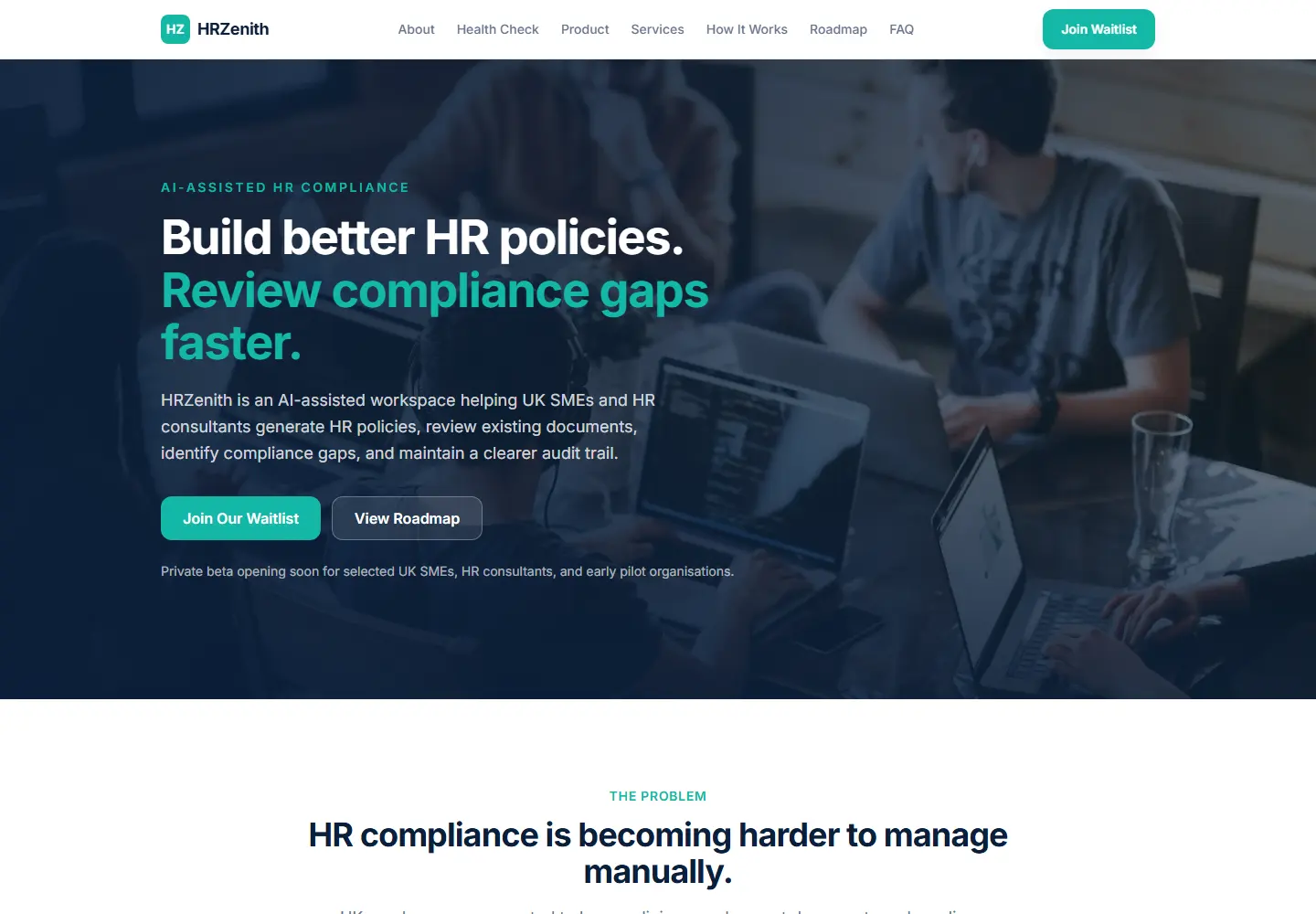 HRZenith homepage headed Build better HR policies. Review compliance gaps faster.