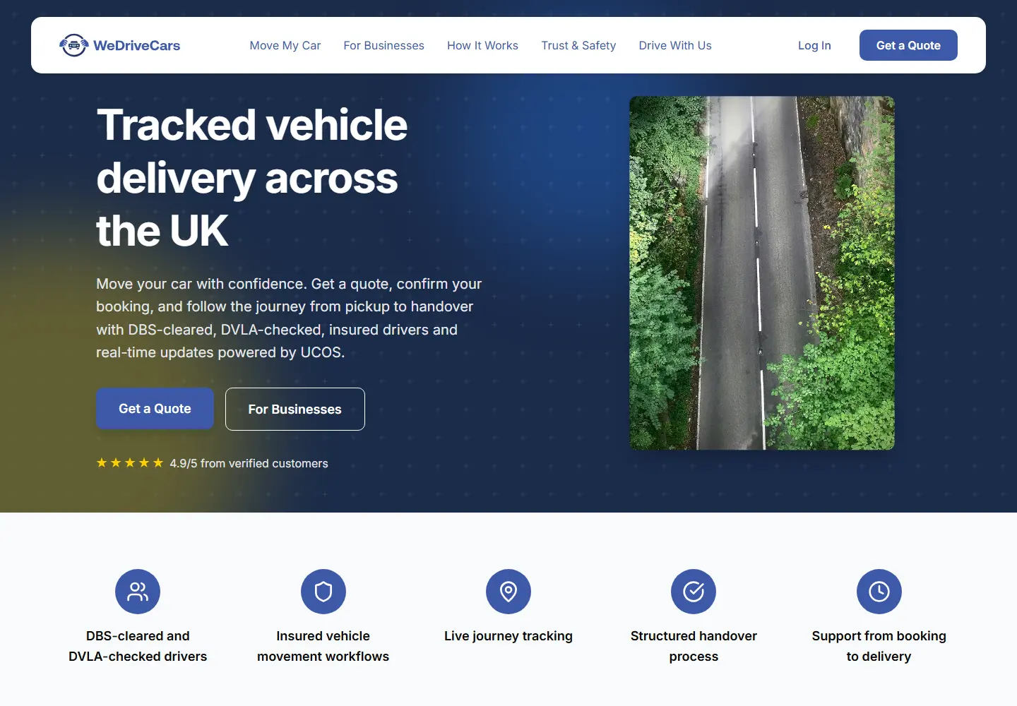 WeDriveCars homepage for tracked vehicle delivery across the UK, powered by UCOS